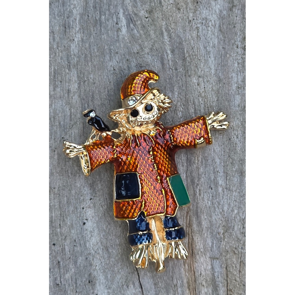 Scarecrow Brooch Gold Tone Enamel Fall Autumn Crow Rhinestone Pin